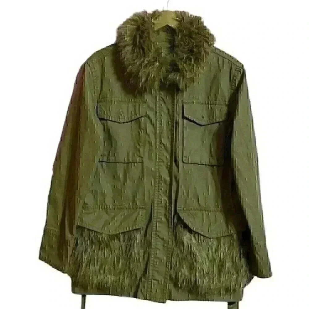 Anthropologie Saskia Faux Fur Military Green Belted Utility Jacket M - Picture 2 of 9